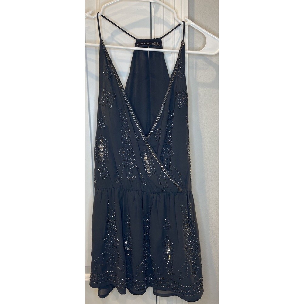 Women's Black Tape Black Beaded Sleveless Deep V Neck Night Out Cami - Size L